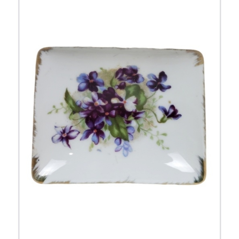 Vintage Shafford Handpainted Cigarette Box  with 2 Ashtrays Violets Gold Gild